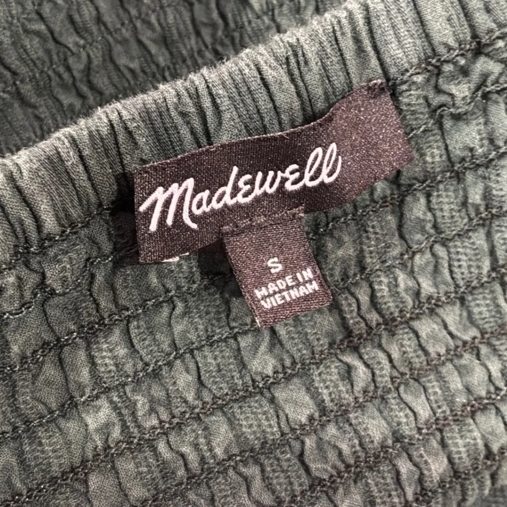 Madewell Dark Green‎ Puff Sleeve Smocked Back Square Neck Top Small Textured